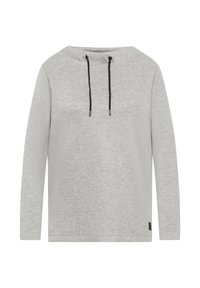 Vaalea harmaa pitkähihaisten paita, joka on valmistettu teksturoidusta kankaasta. Siinä on leveä kaula-aukko, mustat nauhat ja pieni tikkilogo helmassa.