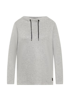 Světle šedý dlouhý rukáv top vyrobený z texturované látky, s širokým výstřihem, černými šňůrkami a malou nášivkou na lemu.