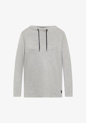 Maglietta a maniche lunghe grigia chiara realizzata in tessuto strutturato, con scollatura ampia, cordoncini neri e una piccola etichetta decorativa sull'orlo.