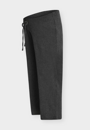 Μαύροι υφασμάτινοι παντελόνια με ίσια γραμμή και ελαστική μέση με κορδόνι μπροστά, απεικονισμένα σε απλό φωτεινό φόντο.