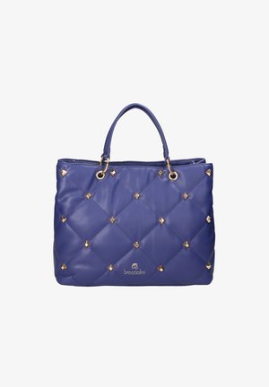 Borsa trapuntata blu con dettagli in borchie dorate, doppi manici e un piccolo logo al centro inferiore.