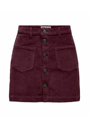 Bordeaux corduroy mini-jurk met knoopsluiting aan de voorkant, twee grote voorzakken en riemlussen.