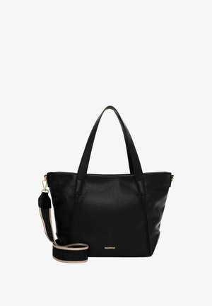 Borsa tote in pelle nera con finitura testurizzata, doppio manico e tracolla staccabile. Presenta un logo in tonalità oro e una forma strutturata a triangolo.