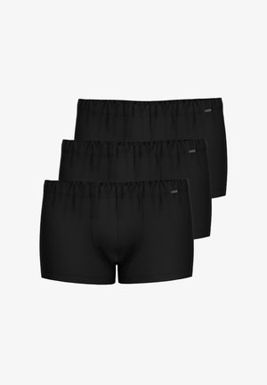 Boxer-briefs noirs, pack de trois, fabriqués en tissu doux, ceinture élastique, forme ajustée, design sans couture, longueur standard, branding minimaliste.