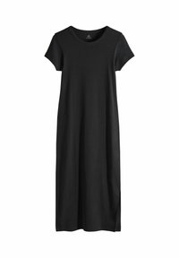 Fekete, rövid ujjú ruha bordázott anyagból, egyenes szabással és oldalsó sliccel, laza illeszkedést és sima textúrát kínálva.