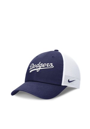 Gorra de béisbol de malla azul marino y blanca con el texto "Dodgers" en la parte frontal y pequeño logo de Nike en el panel lateral.
