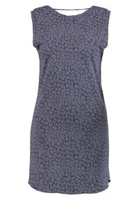 Sleeveless dress in dark purple with a textured leopard print pattern, featuring a round neckline and a small back cutout detail.