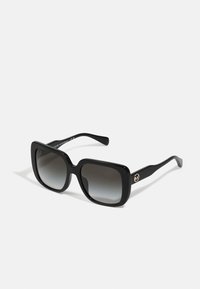 Ochelari de soare supradimensionați negri cu lentile gri gradient, formă rectangulară, finisaj lucios și un mic detaliu cu logo auriu pe lateral.