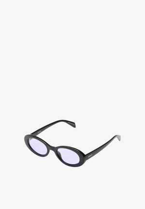 Occhiali da sole ovali neri con lenti viola. Montatura liscia con un design elegante e bracci dritti che presentano un discreto marchio ai lati.