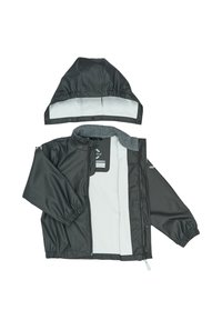 Črna vodoodporna jakna z odstranljivo kapuco, sive podloge, elastičnimi manšetami, zaponkami na ježka in sivim ovratnikom iz flisa.