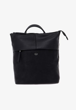 Borsa tote nera con sezioni in pelle e tessuto strutturato. Presenta una maniglia superiore, chiusura con zip e un piccolo logo sul davanti.