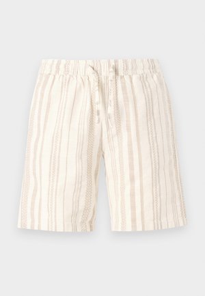Helle beige Shorts mit vertikalen Streifen in unterschiedlichen Schattierungen. Sie verfügen über einen elastischen Bund und einen Kordelzug zur Anpassung. Weicher, strukturierter Stoff.