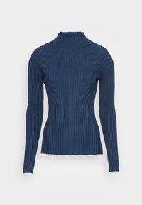 Námořnický modrý pletený rolák s dlouhými rukávy, s přiléhavým siluetou a texturovaným materiálem, navržený pro pohodlné nošení.