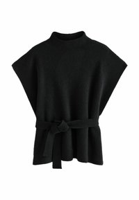 Mustapohjainen neuleponcho, jossa on korkea kaulus, löysät hihat ja matching vyö vyötäröllä, pehmeä rakenne ja tasainen väri.