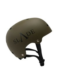 Grøn mat hjelm med sort "SLADE" logo, justerbare stropper, ventilationshuller for luftgennemstrømning, rund form og metal hardware detaljer.