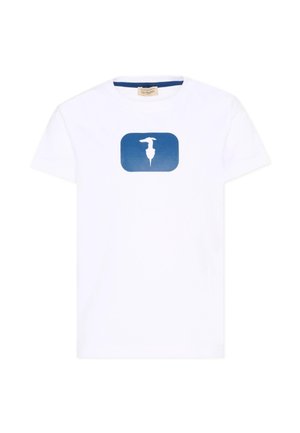 T-shirt blanc à manches courtes avec un graphisme rectangulaire bleu au centre montrant une silhouette blanche d’un lévrier debout.