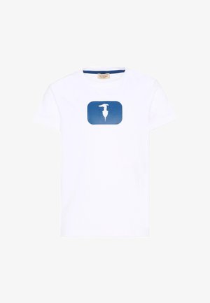 Witte T-shirt met korte mouwen en een blauwe rechthoekige afbeelding in het midden met de witte silhouet van een staande windhond.