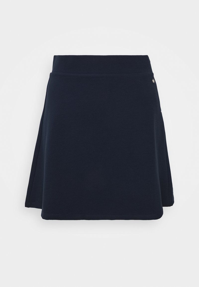 Navy blue women's A-line skirt with wide waistband and small metal logo detail on side, displayed on white background.