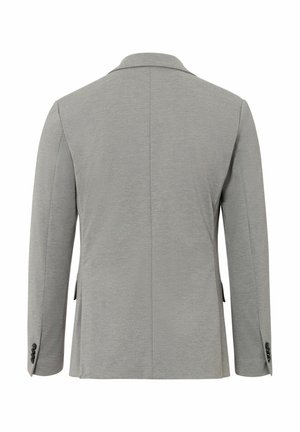 Grijze blazer met een gladde textuur, notch-lapel en een enkele achteropening. Beschikt over knoopmanchetten en een minimalistisch ontwerp voor veelzijdig gebruik.