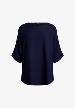 Tamsiai mėlynas, laisvo kirpimo viršus su plačiu kaklu, trumpomis rankovėmis ir reljefine ribuota medžiaga. Paprastas dizainas be puošmenų.