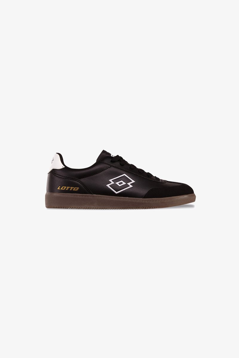 Black leather sneakers with a textured surface, white and gold accents, featuring a rounded toe and rubber outsole with a patterned tread.