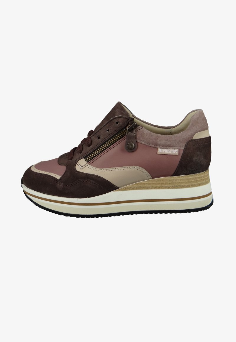 Sportowy sneaker z połączenia brązowego zamszu i różowej skóry, z teksturowaną podeszwą i bocznym zamkiem. Wyściółka pięty z białymi i złotymi akcentami.