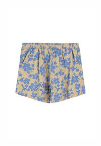 Pantaloni corti floreali con sfondo beige e motivo a fiori blu. Vita elasticizzata, pieghe davanti e tessuto leggero.