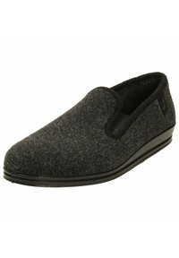Sorte filt hjemmesko med slip-on design, struktureret overdel og en glat sål. Har elastiske sideeffekter for nem påtagning.
