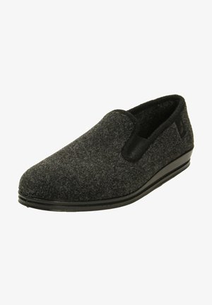 Sorte filt hjemmesko med slip-on design, struktureret overdel og en glat sål. Har elastiske sideeffekter for nem påtagning.