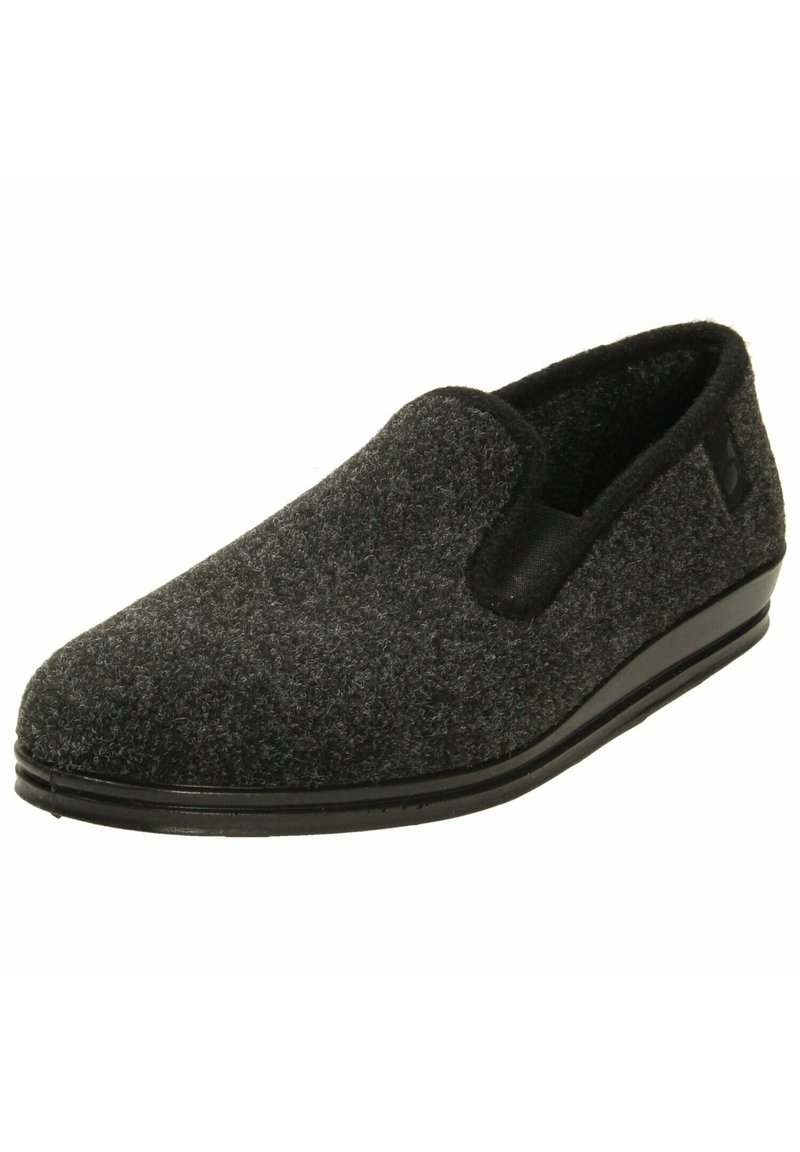 Sorte filt hjemmesko med slip-on design, struktureret overdel og en glat sål. Har elastiske sideeffekter for nem påtagning.