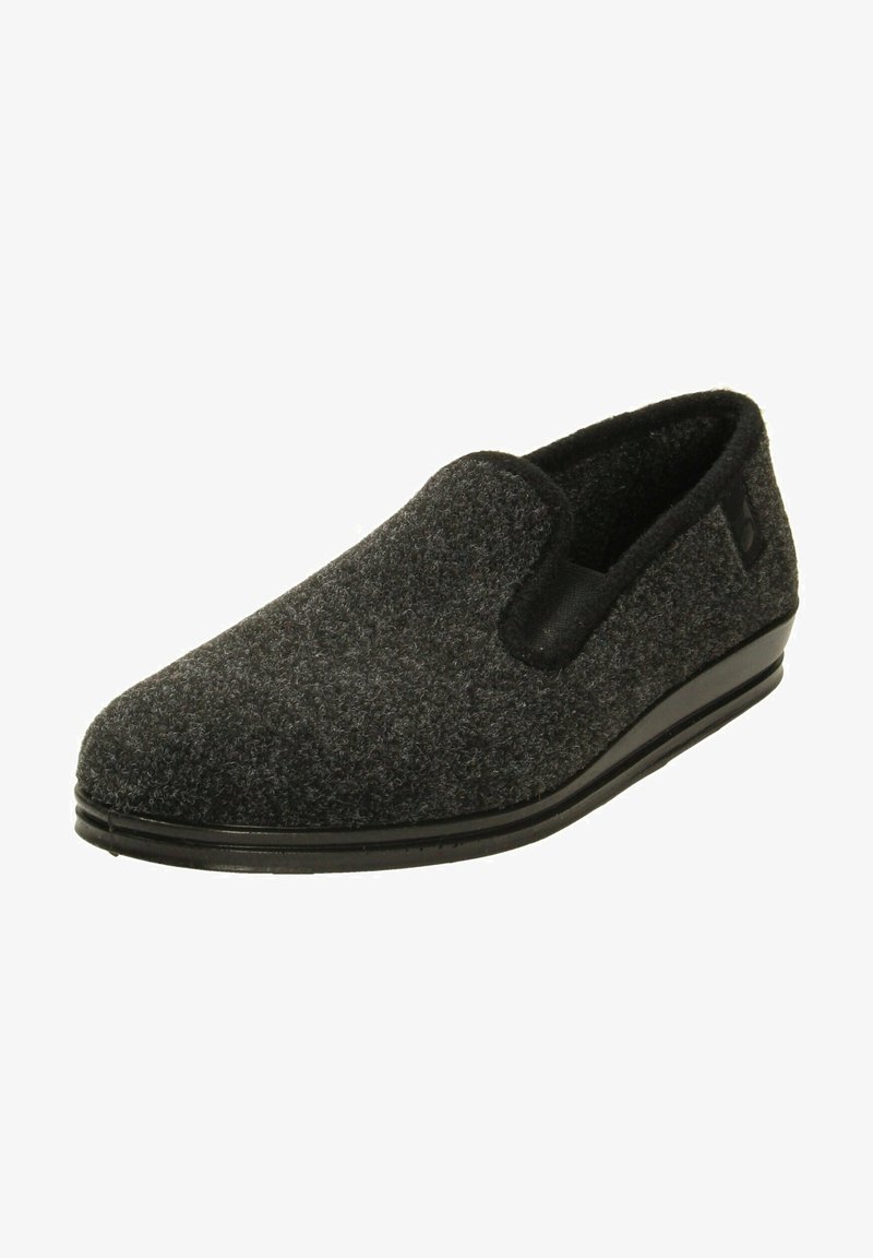 Sorte filt hjemmesko med slip-on design, struktureret overdel og en glat sål. Har elastiske sideeffekter for nem påtagning.
