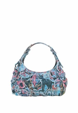 Lille denimhåndtaske med farverige blomsterapplikationer og trykte dyre- og tekstmønstre, med brandnavnet Desigual.