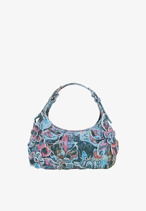 Pieni farkkulaukku, jossa on värikkäitä kukka-applikaatioita sekä painettuja eläin- ja tekstikuvioita, ja jonka merkkinä on Desigual.