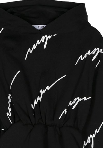 Felpa nera con cappuccio, caratterizzata da un motivo bianco scritto a mano su tutta la superficie. Tessuto testurizzato, design con vita arricciata.