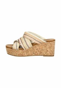 Wedge sandaal met kurken zool, textiel bovenwerk met zigzagpatroon in pastelkleuren, open teen en gekruiste bandjes voor een veilige pasvorm.