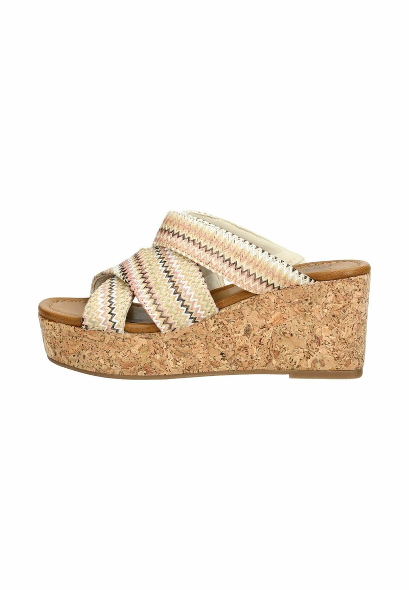 Wedge sandaal met kurken zool, textiel bovenwerk met zigzagpatroon in pastelkleuren, open teen en gekruiste bandjes voor een veilige pasvorm.