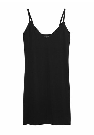 Zwarte slipdress van soepel materiaal, met dunne verstelbare bandjes en een V-halslijn, met een rechte pasvorm en zonder patronen.