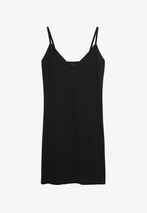 Robe nuisette noire en tissu lisse, dotée de fines bretelles réglables et d'un décolleté en V, avec une silhouette droite et sans motifs.