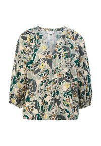 Blouse ample à manches trois-quarts, col en V, avec un motif floral abstrait dans des tons verts, beige, marron, noir et jaune.