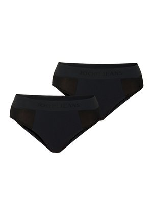 Zwei Paar schwarze Damenslips mit breiten elastischen Bunds, die mit "JOOP! JEANS" gebrandet sind, und Netzseitenteilen.