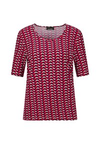 Haut rouge à manches courtes avec un motif géométrique en blanc, marine et rose clair. Col rond et tissu jersey doux.