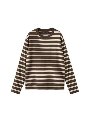 Cămașă maro cu mâneci lungi, cu dungi orizontale crem. Confecționată din material moale, cu decolteu rotund și croială normală.