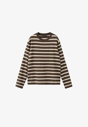 Bruin shirt met lange mouwen en horizontale crèmekleurige strepen. Gemaakt van zachte stof met een ronde hals en een regulier model.