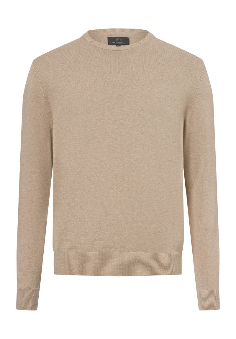 Beiger Pullover mit Rundhalsausschnitt, langen Ärmeln, gerippten Bündchen und Saum. Hergestellt aus einem weichen Stoff mit glatter Textur und minimalistischem Design.