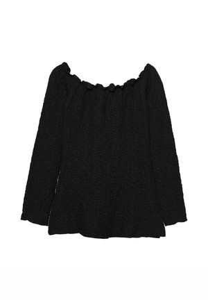 Top noir à épaules dénudées avec des manches longues, en tissu texturé et avec un col volanté. Coupe décontractée avec un ourlet fluide.