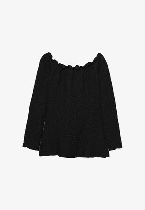 Crna bluzica bez ramena s dugim rukavima, teksturiranom tkaninom i volanima na izrezu. Opustan kroj s lepršavim rubom.