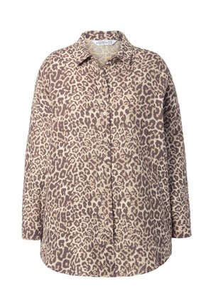 Langärmeliges Hemd mit Knopfleiste in beige-braunem Leopardenmuster und klassischem Kragen.