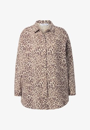 Langärmeliges Hemd mit Knopfleiste in beige-braunem Leopardenmuster und klassischem Kragen.