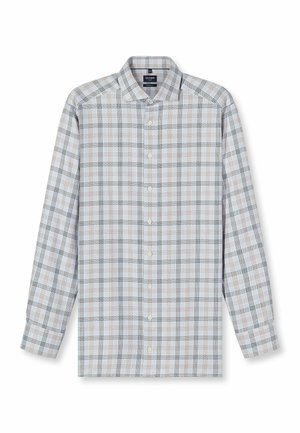 Herrenlangarmhemd in hellblauem Karo-Muster mit schwarzen, weißen und orangefarbenen Akzenten. Aus Baumwolle gefertigt, mit Knopfleiste und Kragen.