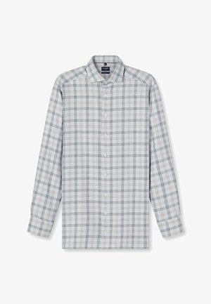 Herrenlangarmhemd in hellblauem Karo-Muster mit schwarzen, weißen und orangefarbenen Akzenten. Aus Baumwolle gefertigt, mit Knopfleiste und Kragen.